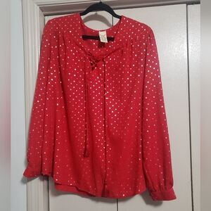 Faded Glory Red Silver Foil Clover Printed Blouse Size XXL/2XG